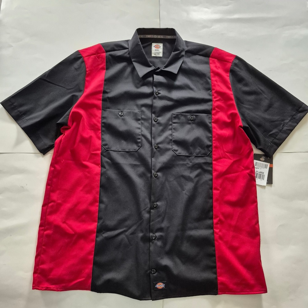 Dickies Mens 2XL Short Sleeve Work Shirt Black Red Two-Tone Twill DWS508BER NWT